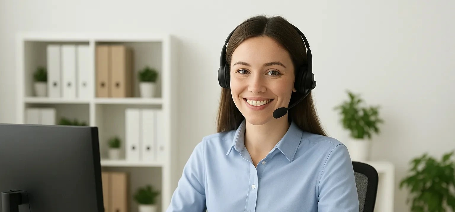 Nasmejana operaterka v službi za stranke, pripravljena pomagati